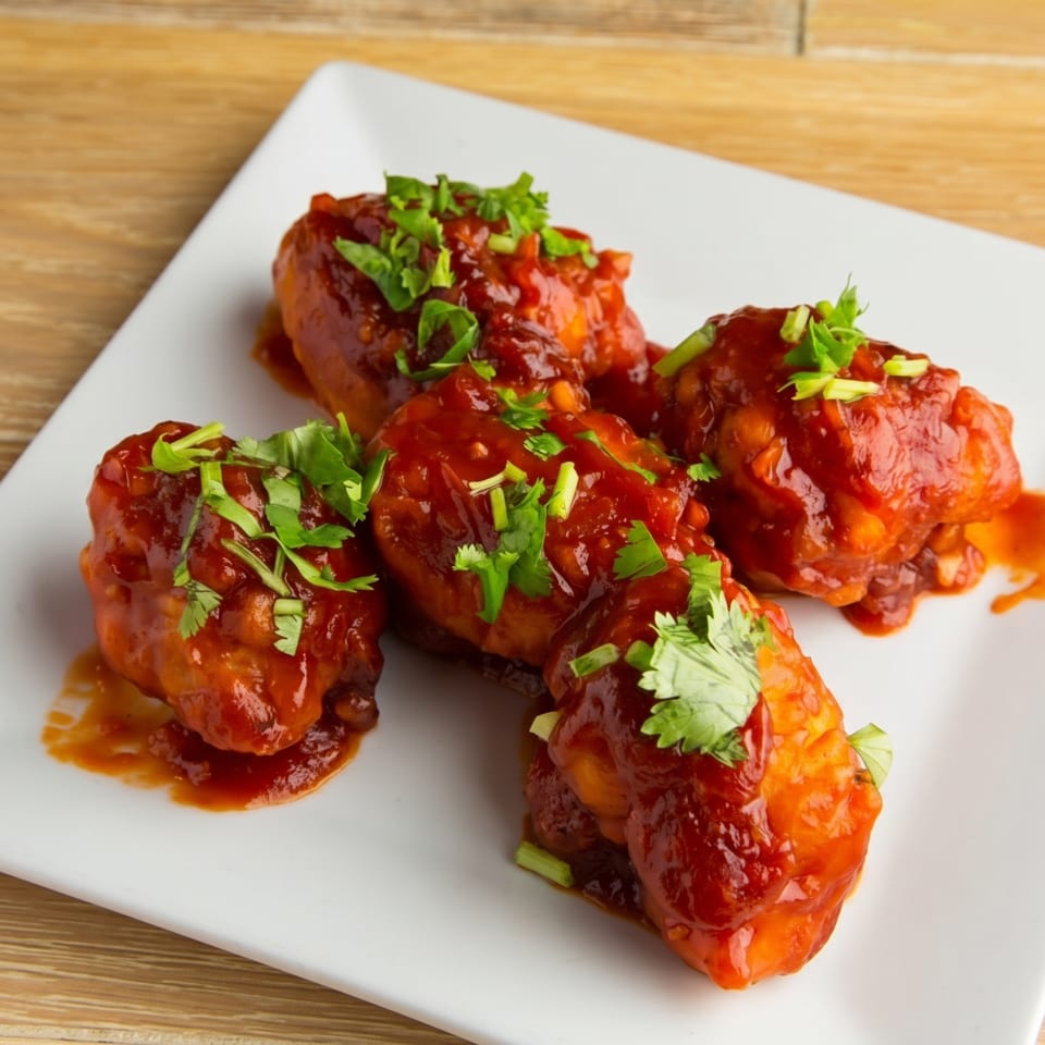 Four chicken wings coated in red sauce and garnished with fresh cilantro on a white rectangular plate.