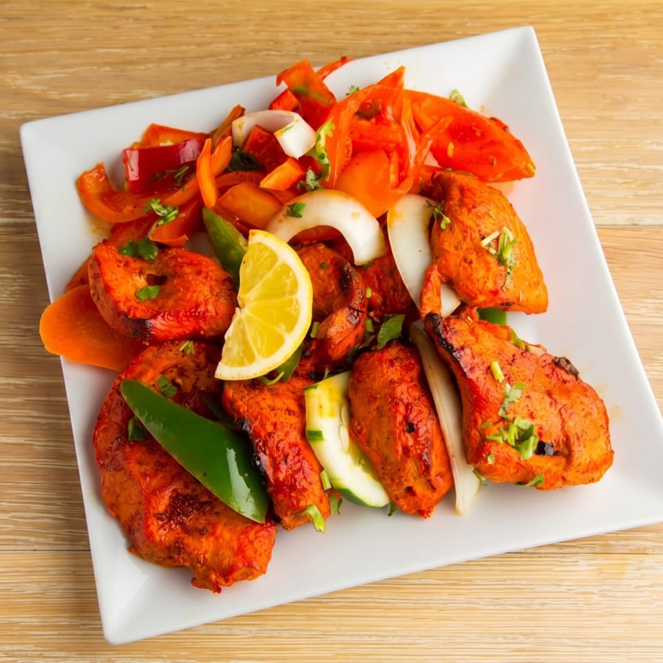 Tandoori chicken tikka with bell peppers, onions, and a lemon wedge on a white plate.