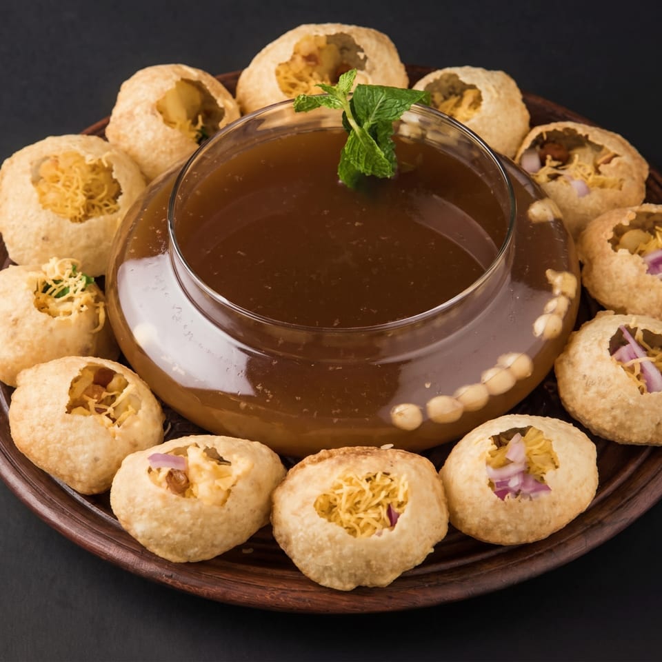 Pani Puri, an Indian street food, with a bowl of tamarind water and mint on a wooden tray.