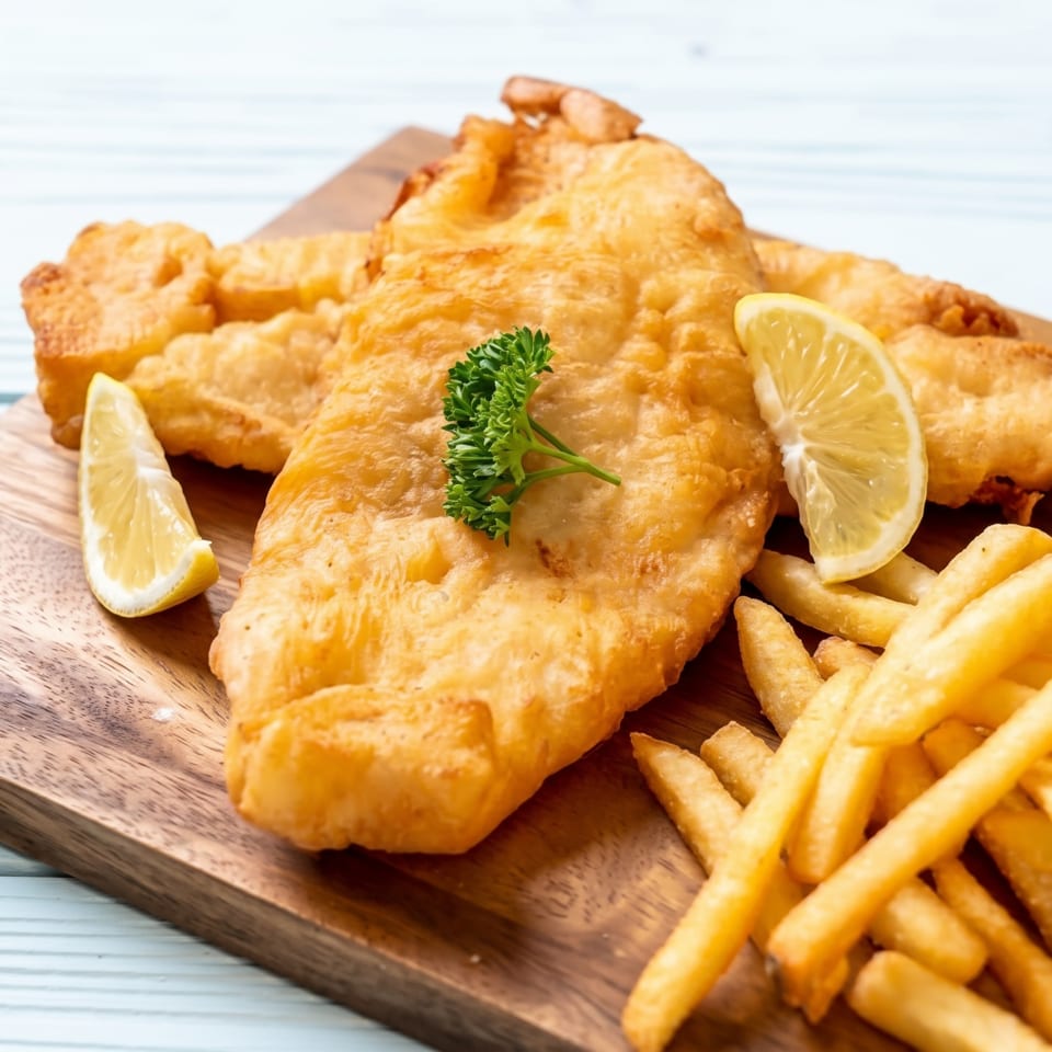 Crispy golden fish and chips with lemon, parsley, and tartar sauce on a wooden board.