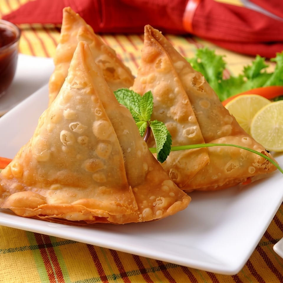 Golden brown samosas garnished with mint, lemon, and lettuce, served with dipping sauces.